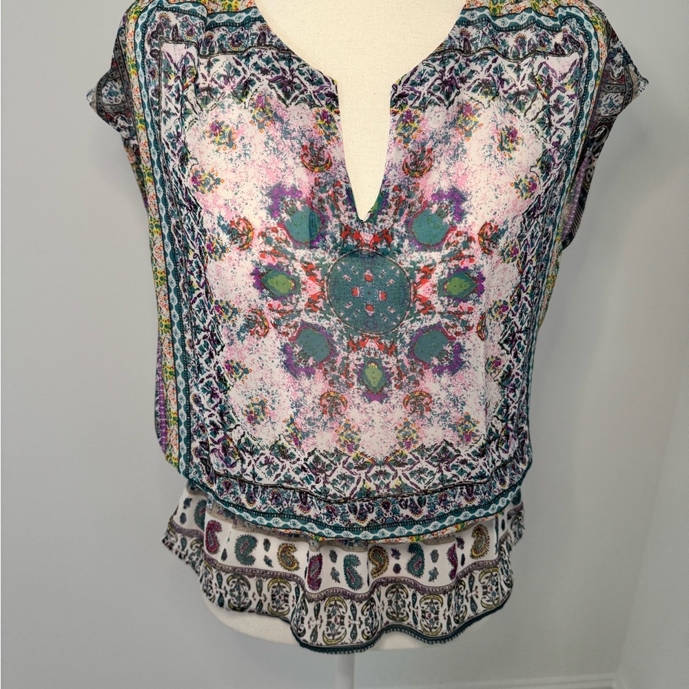 Daniel Rainn Teal, Purple & Green Medallion Print Cap-Sleeve Blouse